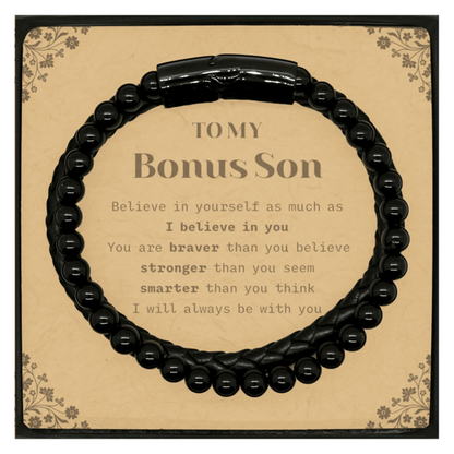 Bonus Son Stone Leather Bracelets Gifts, To My Bonus Son You are braver than you believe, stronger than you seem, Inspirational Gifts For Bonus Son Card, Birthday, Christmas Gifts For Bonus Son Men Women - Mallard Moon Gift Shop