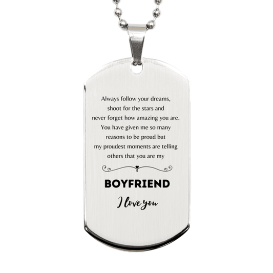 Boyfriend Silver Dog Tag Engraved Necklace - Always Follow your Dreams - Birthday, Christmas Holiday Jewelry Gift - Mallard Moon Gift Shop