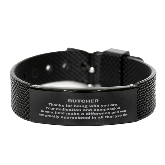 Butcher Black Shark Mesh Stainless Steel Engraved Bracelet - Thanks for being who you are - Birthday Christmas Jewelry Gifts Coworkers Colleague Boss - Mallard Moon Gift Shop