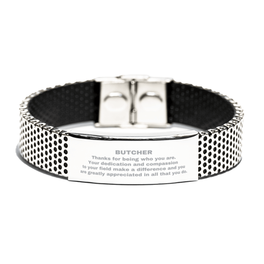 Butcher Silver Shark Mesh Stainless Steel Engraved Bracelet - Thanks for being who you are - Birthday Christmas Jewelry Gifts Coworkers Colleague Boss - Mallard Moon Gift Shop