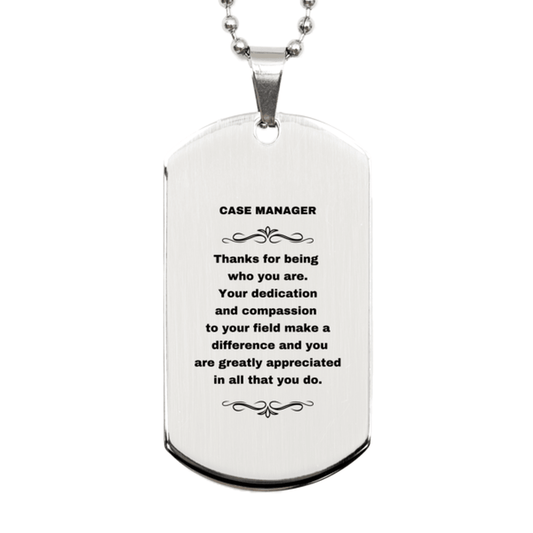 Case Manager Silver Dog Tag Engraved Necklace - Thanks for being who you are - Birthday Christmas Jewelry Gifts Coworkers Colleague Boss - Mallard Moon Gift Shop