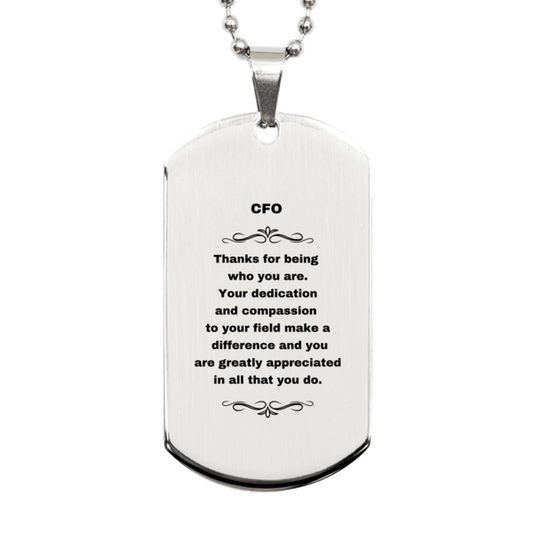 CFO Silver Dog Tag Engraved Necklace - Thanks for being who you are - Birthday Christmas Jewelry Gifts Coworkers Colleague Boss - Mallard Moon Gift Shop