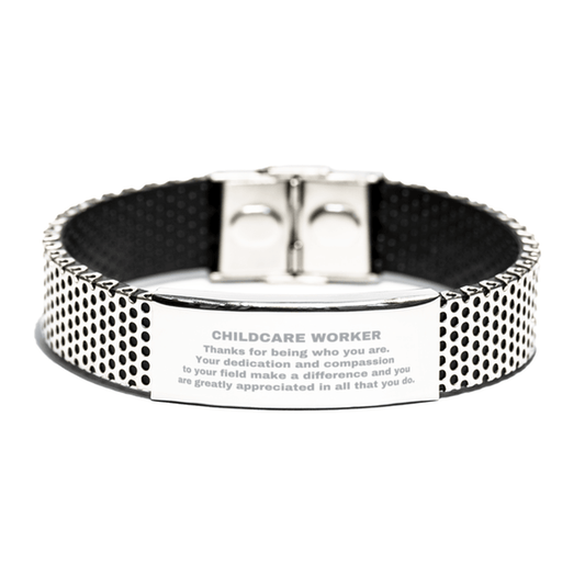Childcare Worker Silver Shark Mesh Stainless Steel Engraved Bracelet - Thanks for being who you are - Birthday Christmas Jewelry Gifts Coworkers Colleague Boss - Mallard Moon Gift Shop