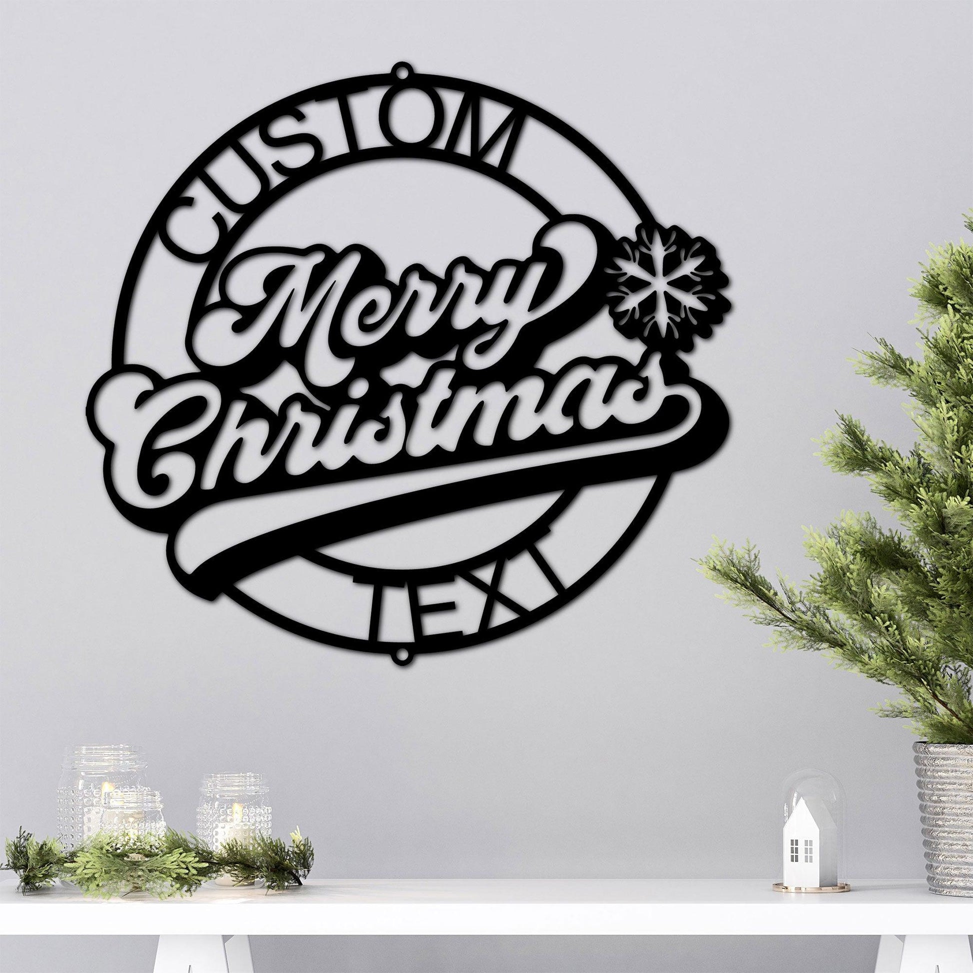 Merry Christmas Ring Custom Family Name Indoor Outdoor Steel Wall Sign Holiday Home Décor - Mallard Moon Gift Shop