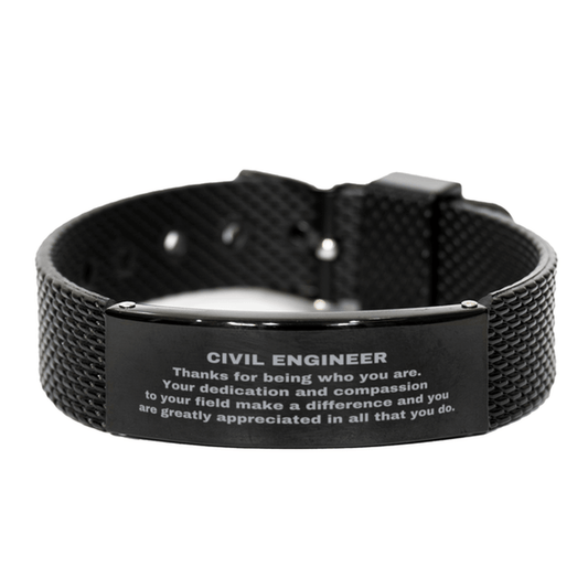 Civil Engineer Black Shark Mesh Stainless Steel Engraved Bracelet - Thanks for being who you are - Birthday Christmas Jewelry Gifts Coworkers Colleague Boss - Mallard Moon Gift Shop