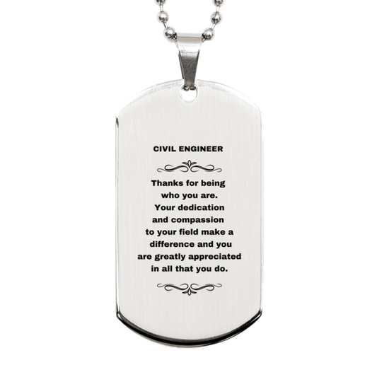 Civil Engineer Silver Dog Tag Engraved Necklace - Thanks for being who you are - Birthday Christmas Jewelry Gifts Coworkers Colleague Boss - Mallard Moon Gift Shop