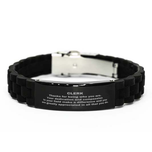 Clerk Black Glidelock Clasp Engraved Bracelet - Thanks for being who you are - Birthday Christmas Jewelry Gifts Coworkers Colleague Boss - Mallard Moon Gift Shop
