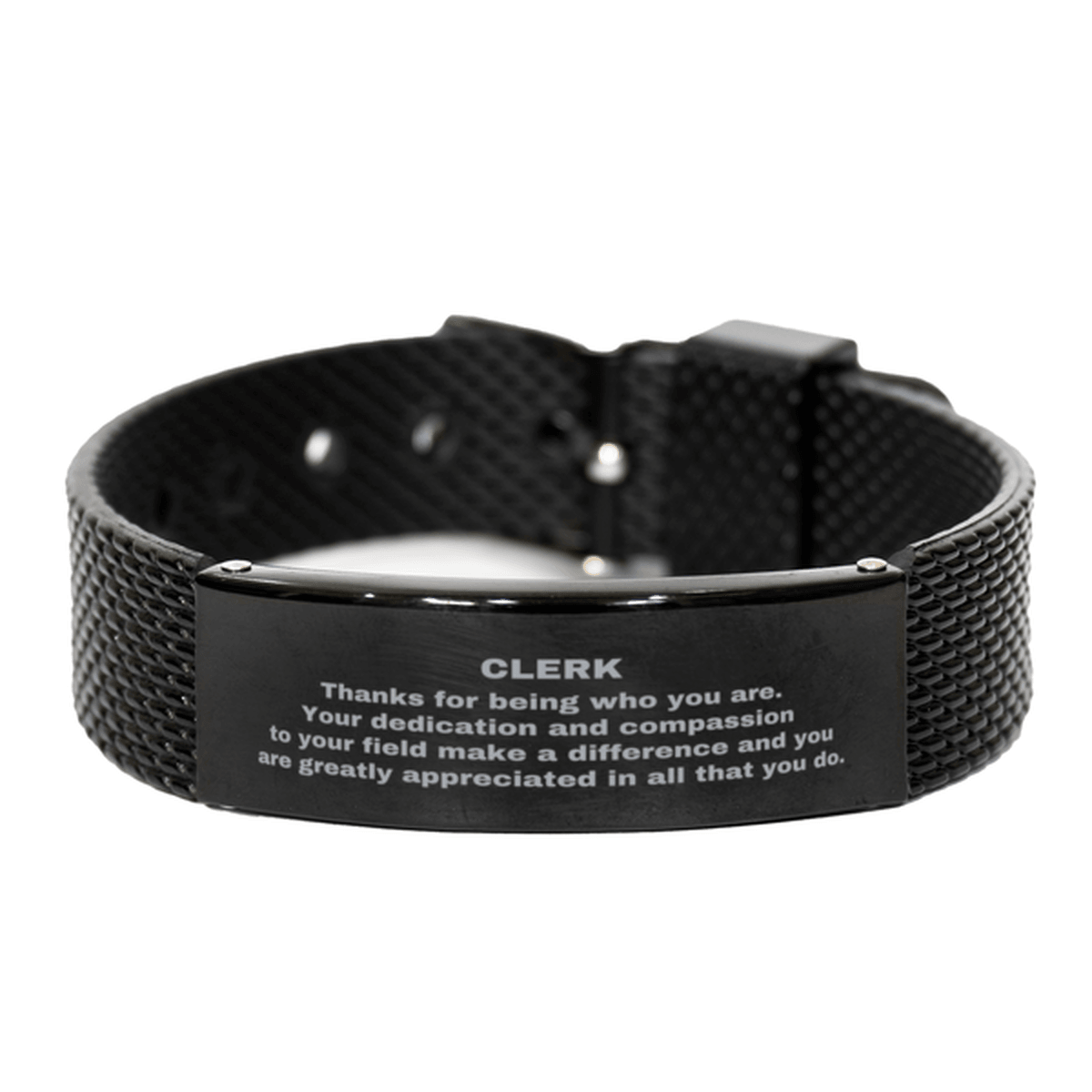 Clerk Black Shark Mesh Stainless Steel Engraved Bracelet - Thanks for being who you are - Birthday Christmas Jewelry Gifts Coworkers Colleague Boss - Mallard Moon Gift Shop