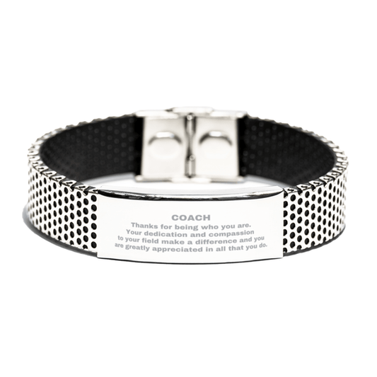 Coach Silver Shark Mesh Stainless Steel Engraved Bracelet - Thanks for being who you are - Birthday Christmas Jewelry Gifts Coworkers Colleague Boss - Mallard Moon Gift Shop