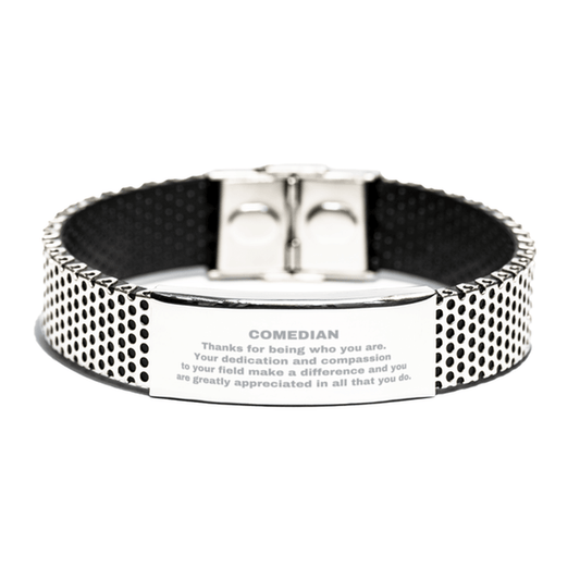 Comedian Silver Shark Mesh Stainless Steel Engraved Bracelet - Thanks for being who you are - Birthday Christmas Jewelry Gifts Coworkers Colleague Boss - Mallard Moon Gift Shop