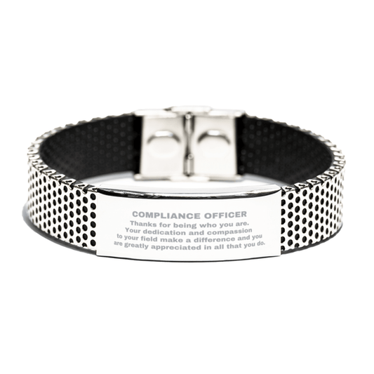 Compliance Officer Silver Shark Mesh Stainless Steel Engraved Bracelet - Thanks for being who you are - Birthday Christmas Jewelry Gifts Coworkers Colleague Boss - Mallard Moon Gift Shop