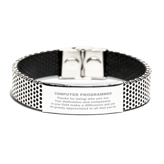 Computer Programmer Silver Shark Mesh Stainless Steel Engraved Bracelet - Thanks for being who you are - Birthday Christmas Jewelry Gifts Coworkers Colleague Boss - Mallard Moon Gift Shop