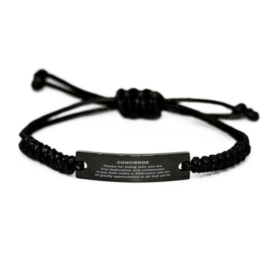 Concierge Black Braided Leather Rope Engraved Bracelet - Thanks for being who you are - Birthday Christmas Jewelry Gifts Coworkers Colleague Boss - Mallard Moon Gift Shop