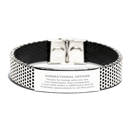 Correctional Officer Silver Shark Mesh Stainless Steel Engraved Bracelet - Thanks for being who you are - Birthday Christmas Jewelry Gifts Coworkers Colleague Boss - Mallard Moon Gift Shop