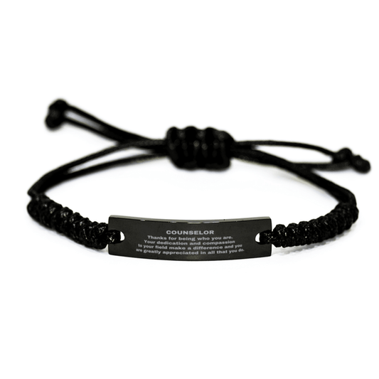 Counselor Black Braided Leather Rope Engraved Bracelet - Thanks for being who you are - Birthday Christmas Jewelry Gifts Coworkers Colleague Boss - Mallard Moon Gift Shop
