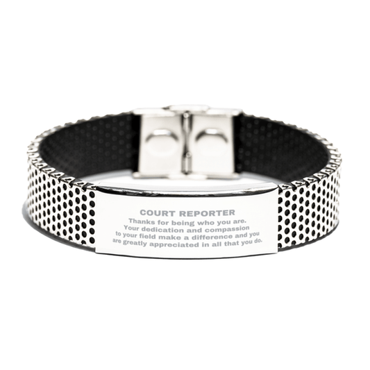Court Reporter Silver Shark Mesh Stainless Steel Engraved Bracelet - Thanks for being who you are - Birthday Christmas Jewelry Gifts Coworkers Colleague Boss - Mallard Moon Gift Shop