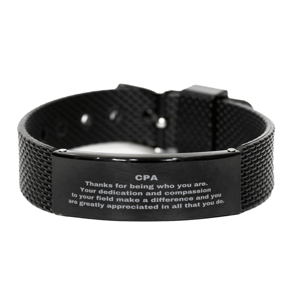 CPA Black Shark Mesh Stainless Steel Engraved Bracelet - Thanks for being who you are - Birthday Christmas Jewelry Gifts Coworkers Colleague Boss - Mallard Moon Gift Shop