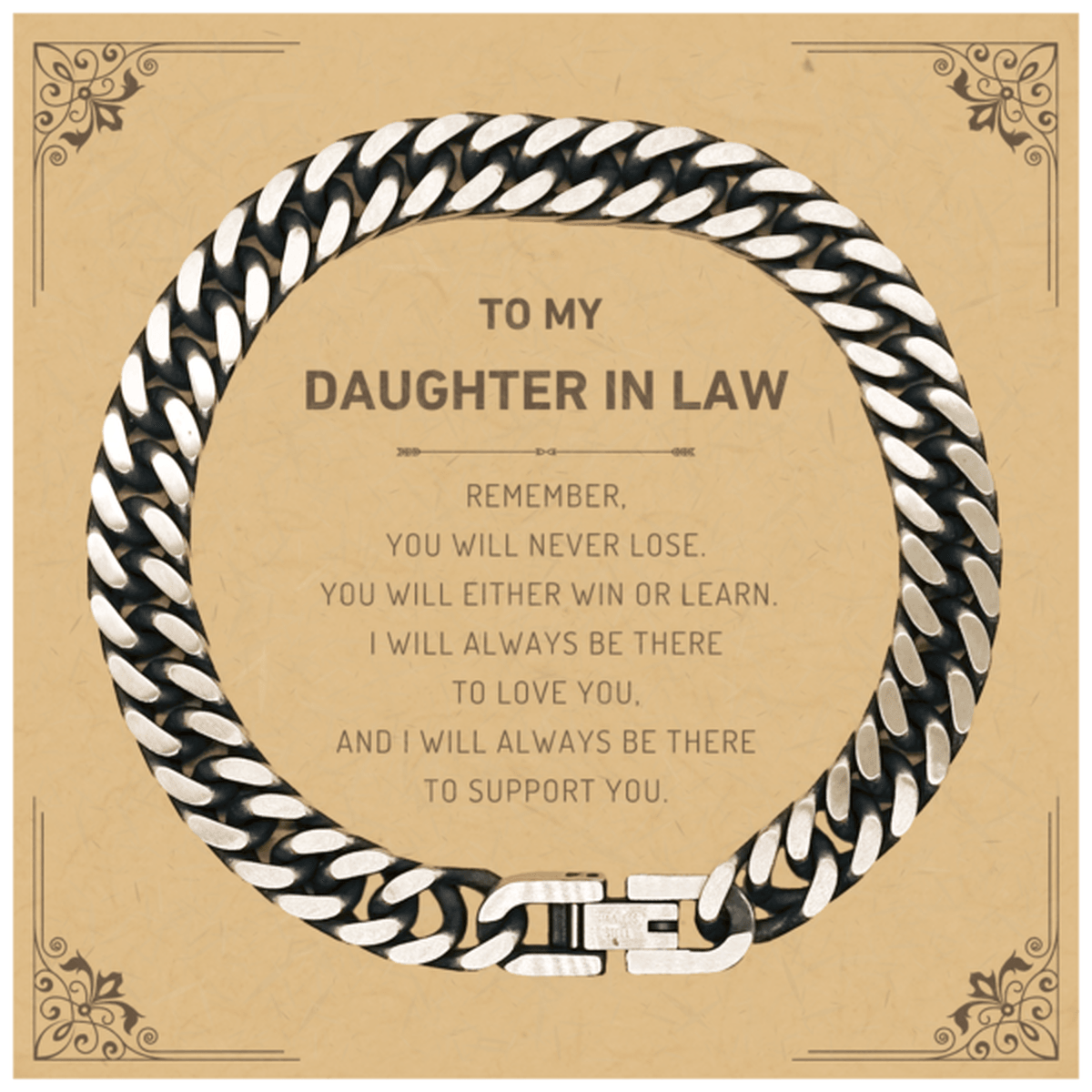 Daughter In Law Gifts, To My Daughter In Law Remember, you will never lose. You will either WIN or LEARN, Keepsake Cuban Link Chain Bracelet For Daughter In Law Card, Birthday Christmas Gifts Ideas For Daughter In Law X-mas Gifts - Mallard Moon Gift Shop