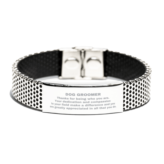 Dog Groomer Silver Shark Mesh Stainless Steel Engraved Bracelet - Thanks for being who you are - Birthday Christmas Jewelry Gifts Coworkers Colleague Boss - Mallard Moon Gift Shop