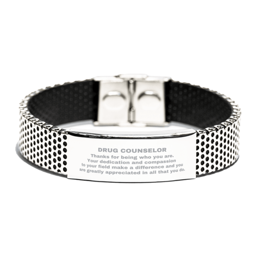 Drug Counselor Silver Shark Mesh Stainless Steel Engraved Bracelet - Thanks for being who you are - Birthday Christmas Jewelry Gifts Coworkers Colleague Boss - Mallard Moon Gift Shop