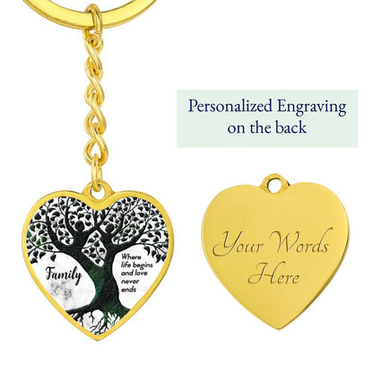 Family - Where Life Begins and Love Never Ends Engraved Heart Keyring - Mallard Moon Gift Shop