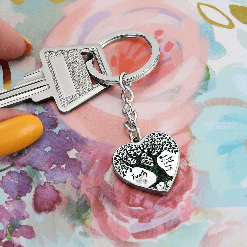 Family - Where Life Begins and Love Never Ends Engraved Heart Keyring - Mallard Moon Gift Shop