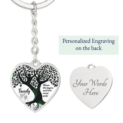 Family - Where Life Begins and Love Never Ends Engraved Heart Keyring - Mallard Moon Gift Shop