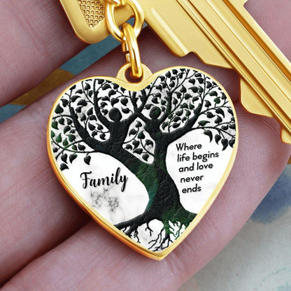 Family - Where Life Begins and Love Never Ends Engraved Heart Keyring - Mallard Moon Gift Shop