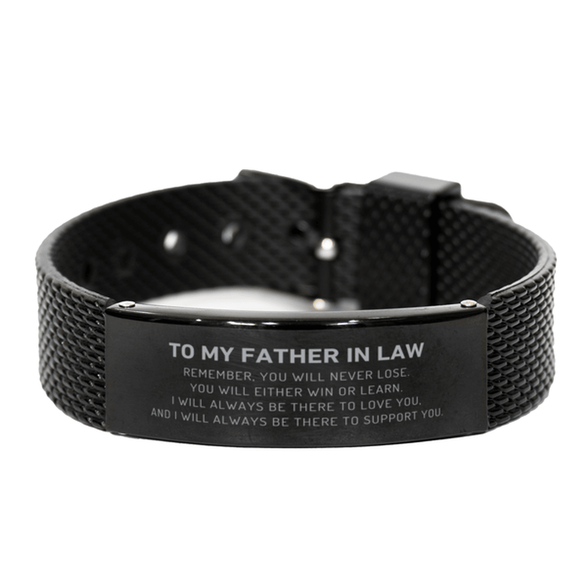 Father In Law Gifts, To My Father In Law Remember, you will never lose. You will either WIN or LEARN, Keepsake Black Shark Mesh Bracelet For Father In Law Engraved, Birthday Christmas Gifts Ideas For Father In Law X-mas Gifts - Mallard Moon Gift Shop