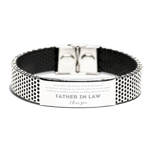 Father-In-Law Silver Engraved Stainless Steel Bracelet - Always Follow your Dreams - Birthday, Christmas Holiday Jewelry Gift - Mallard Moon Gift Shop