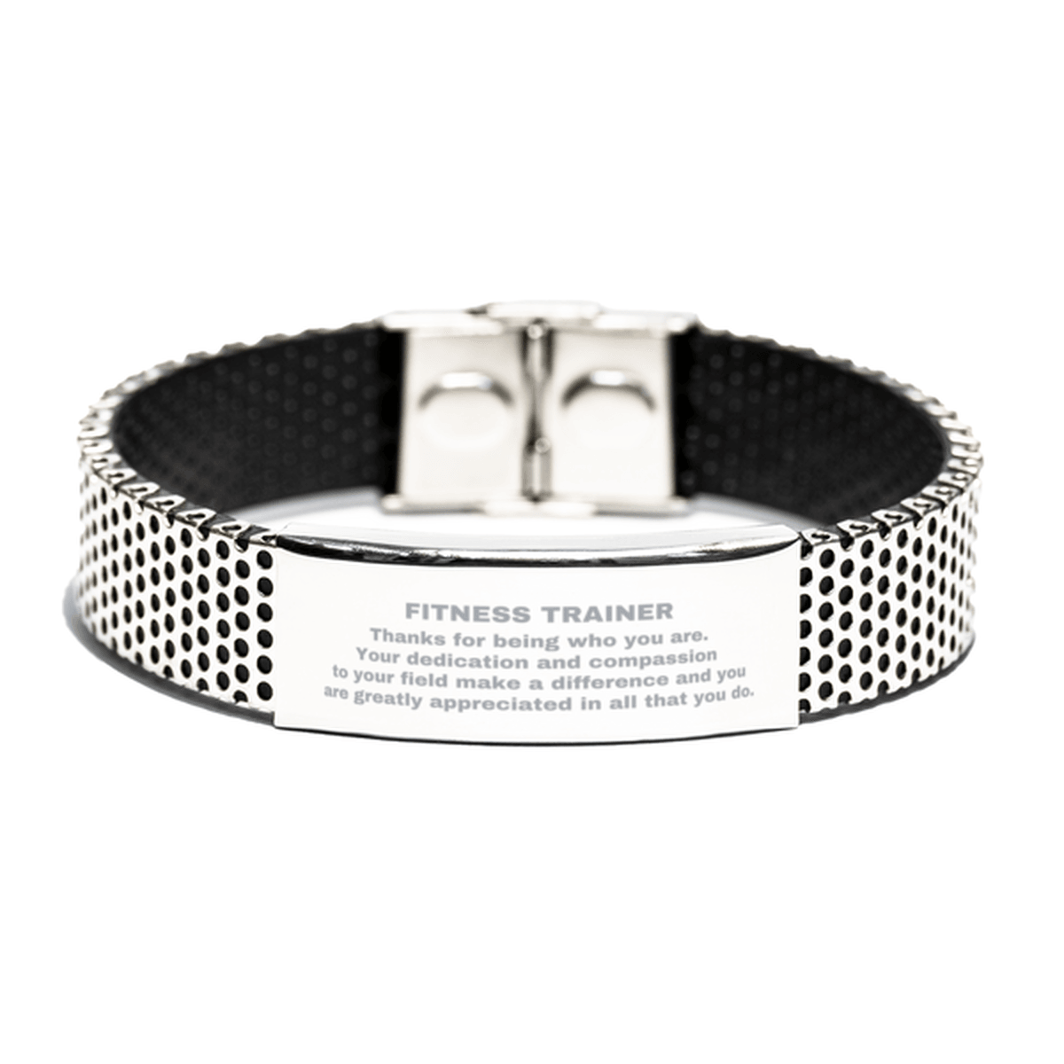 Fitness Trainer Silver Shark Mesh Stainless Steel Engraved Bracelet - Thanks for being who you are - Birthday Christmas Jewelry Gifts Coworkers Colleague Boss - Mallard Moon Gift Shop