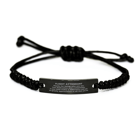 Flight Attendant Black Braided Leather Rope Engraved Bracelet - Thanks for being who you are - Birthday Christmas Jewelry Gifts Coworkers Colleague Boss - Mallard Moon Gift Shop