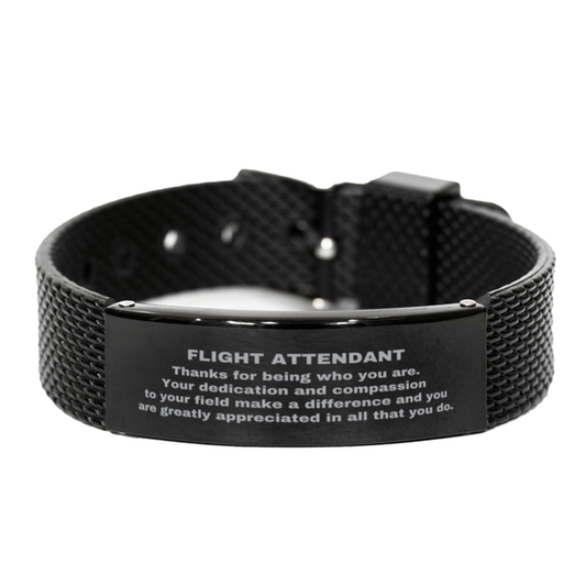 Flight Attendant Black Shark Mesh Stainless Steel Engraved Bracelet - Thanks for being who you are - Birthday Christmas Jewelry Gifts Coworkers Colleague Boss - Mallard Moon Gift Shop