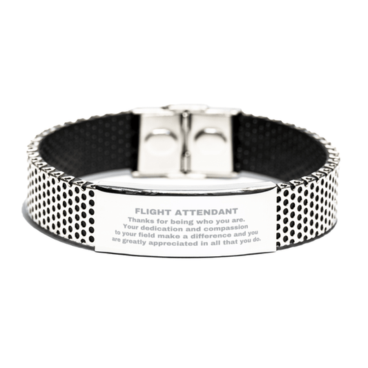 Flight Attendant Silver Shark Mesh Stainless Steel Engraved Bracelet - Thanks for being who you are - Birthday Christmas Jewelry Gifts Coworkers Colleague Boss - Mallard Moon Gift Shop
