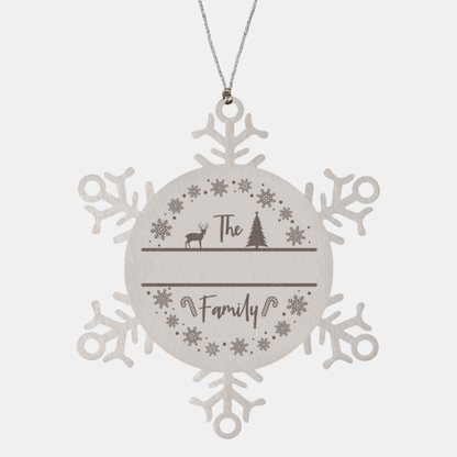 Personalized Family Name Laser Engraved Stainless Steel Snowflake Christmas Tree Ornament - Mallard Moon Gift Shop