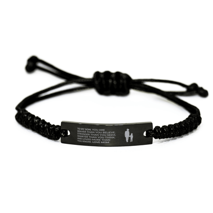 Gift for Son Handmade Black Engraved Braided Rope Bracelet - Mallard Moon Gift Shop