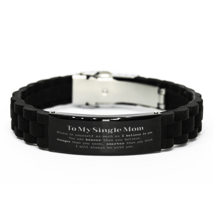 Single Mom Black Glidelock Clasp Bracelet Gifts, To My Single Mom You are braver than you believe, stronger than you seem, Inspirational Gifts For Single Mom Engraved, Birthday, Christmas Gifts For Single Mom Men Women - Mallard Moon Gift Shop