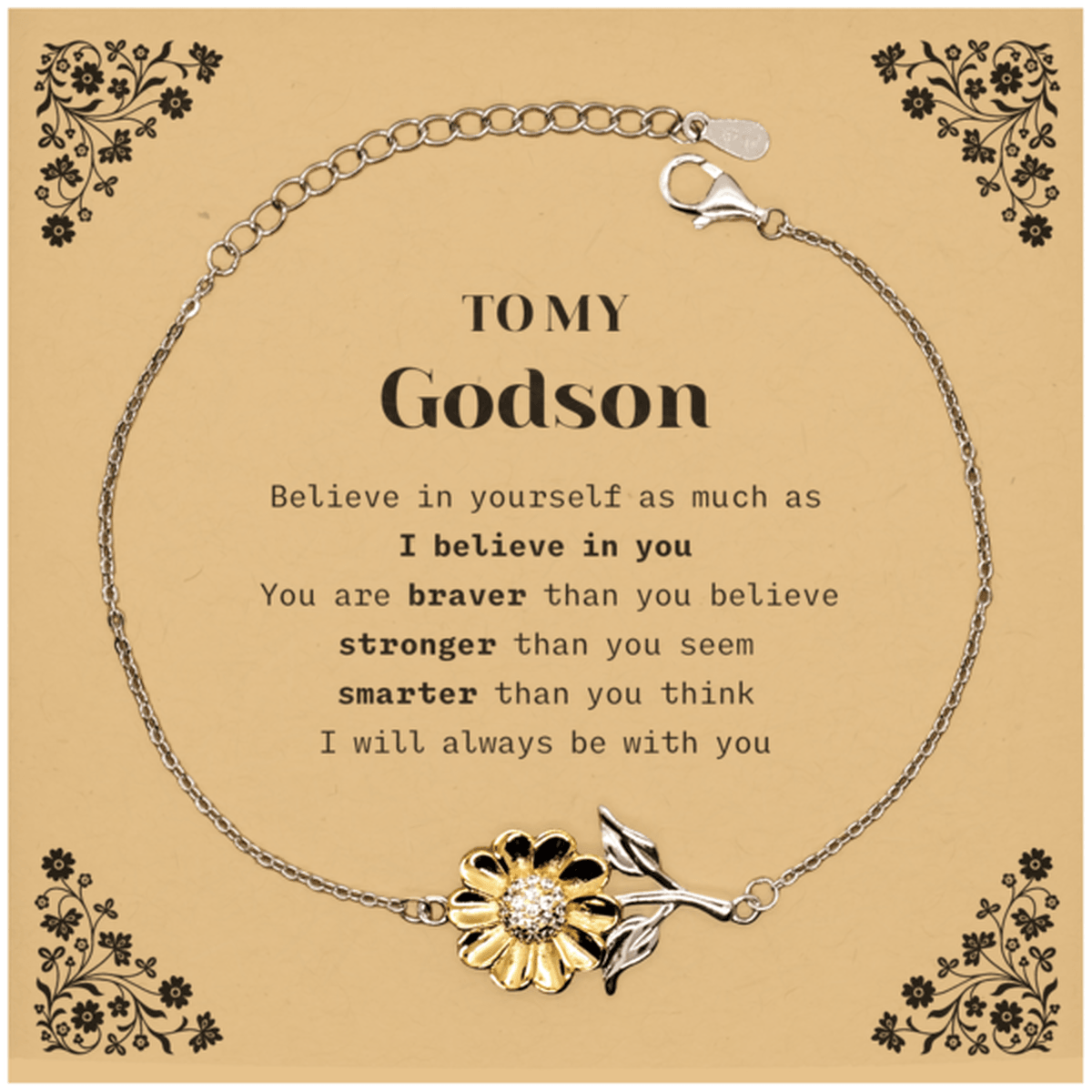 Godson Sunflower Bracelet Gifts, To My Godson You are braver than you believe, stronger than you seem, Inspirational Gifts For Godson Card, Birthday, Christmas Gifts For Godson Men Women