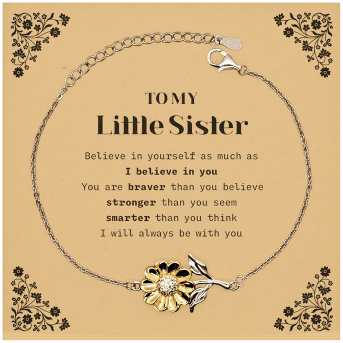 Little Sister Sunflower Bracelet Gifts, To My Little Sister You are braver than you believe, stronger than you seem, Inspirational Gifts For Little Sister Card, Birthday, Christmas Gifts For Little Sister Men Women - Mallard Moon Gift Shop