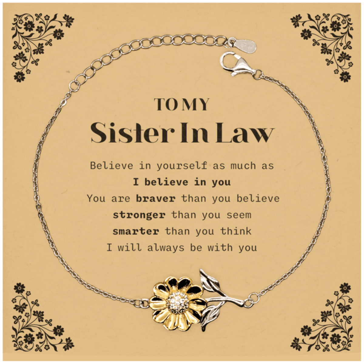 Sister In Law Sunflower Bracelet Gifts, To My Sister In Law You are braver than you believe, stronger than you seem, Inspirational Gifts For Sister In Law Card, Birthday, Christmas Gifts For Sister In Law Men Women - Mallard Moon Gift Shop