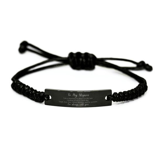 Stepson Christmas Perfect Gifts, Stepson Black Rope Bracelet, Motivational Stepson Engraved Gifts, Birthday Gifts For Stepson, To My Stepson Life is learning to dance in the rain, finding good in each day. I'm always with you