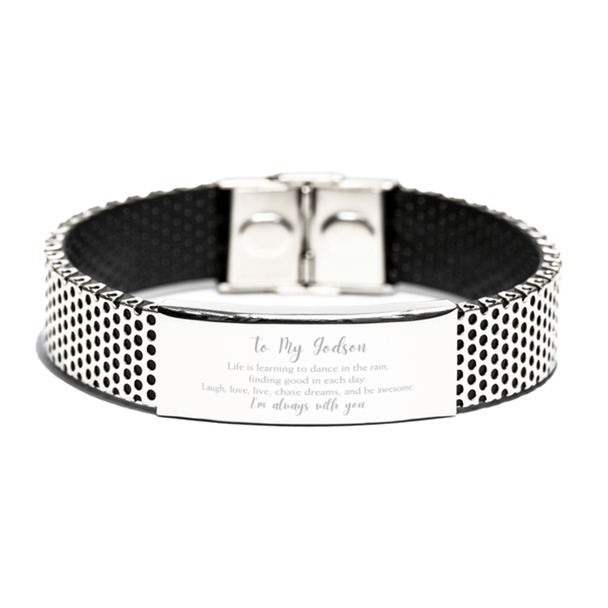 Godson Christmas Perfect Gifts, Godson Stainless Steel Bracelet, Motivational Godson Engraved Gifts, Birthday Gifts For Godson, To My Godson Life is learning to dance in the rain, finding good in each day. I'm always with you