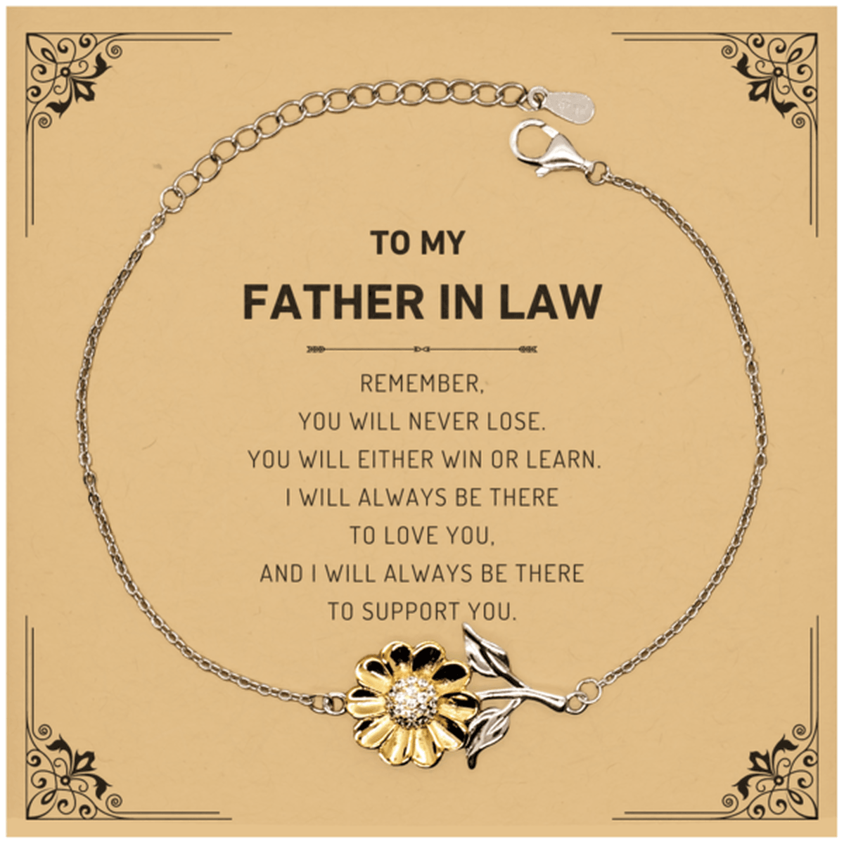 Father In Law Gifts, To My Father In Law Remember, you will never lose. You will either WIN or LEARN, Keepsake Sunflower Bracelet For Father In Law Card, Birthday Christmas Gifts Ideas For Father In Law X-mas Gifts