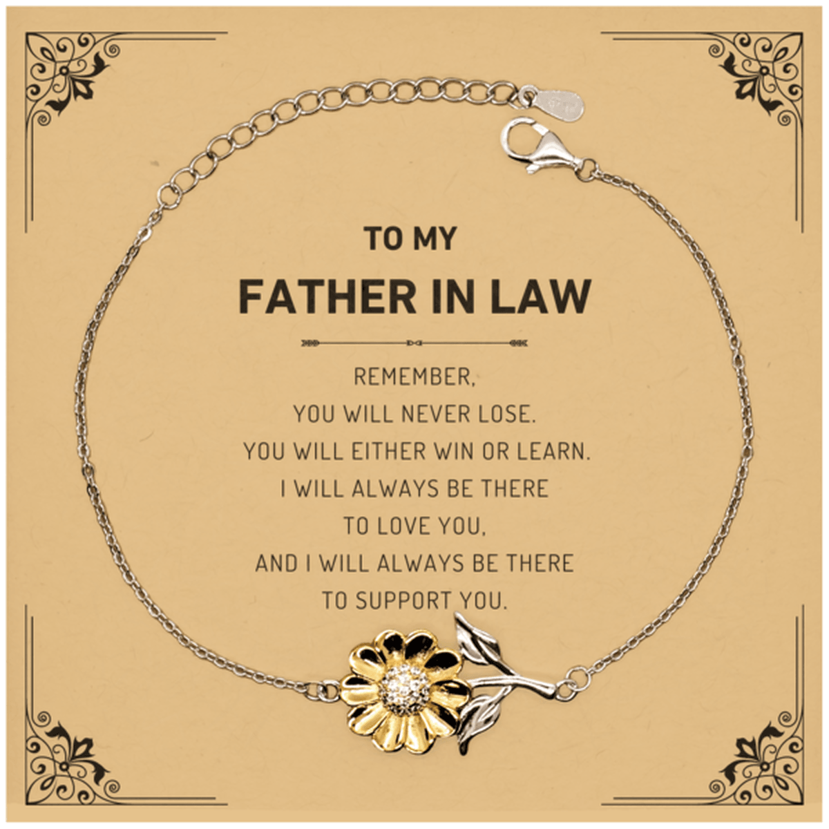 Father In Law Gifts, To My Father In Law Remember, you will never lose. You will either WIN or LEARN, Keepsake Sunflower Bracelet For Father In Law Card, Birthday Christmas Gifts Ideas For Father In Law X-mas Gifts - Mallard Moon Gift Shop