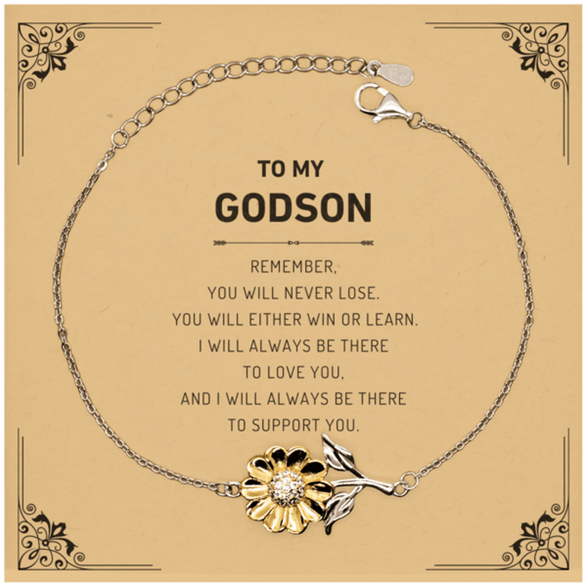 Godson Gifts, To My Godson Remember, you will never lose. You will either WIN or LEARN, Keepsake Sunflower Bracelet For Godson Card, Birthday Christmas Gifts Ideas For Godson X-mas Gifts - Mallard Moon Gift Shop