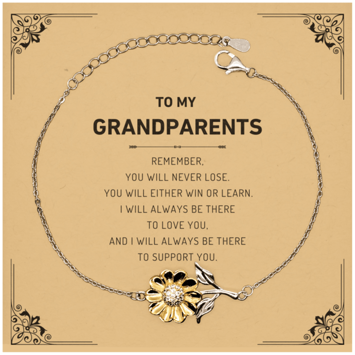 Grandparents Gifts, To My Grandparents Remember, you will never lose. You will either WIN or LEARN, Keepsake Sunflower Bracelet For Grandparents Card, Birthday Christmas Gifts Ideas For Grandparents X-mas Gifts - Mallard Moon Gift Shop