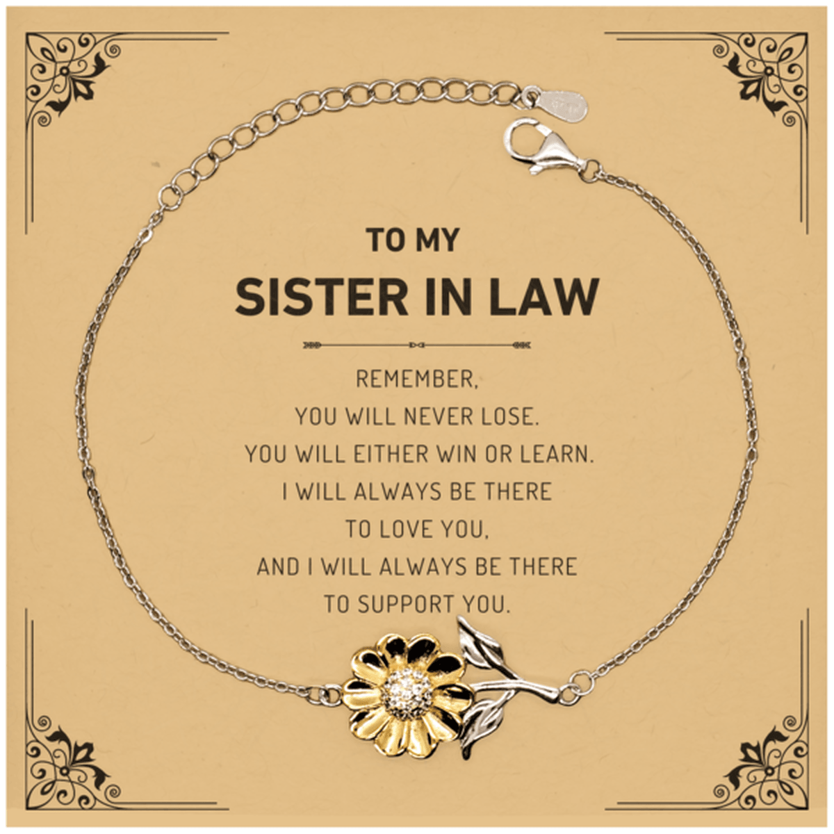 Sister In Law Gifts, To My Sister In Law Remember, you will never lose. You will either WIN or LEARN, Keepsake Sunflower Bracelet For Sister In Law Card, Birthday Christmas Gifts Ideas For Sister In Law X-mas Gifts - Mallard Moon Gift Shop