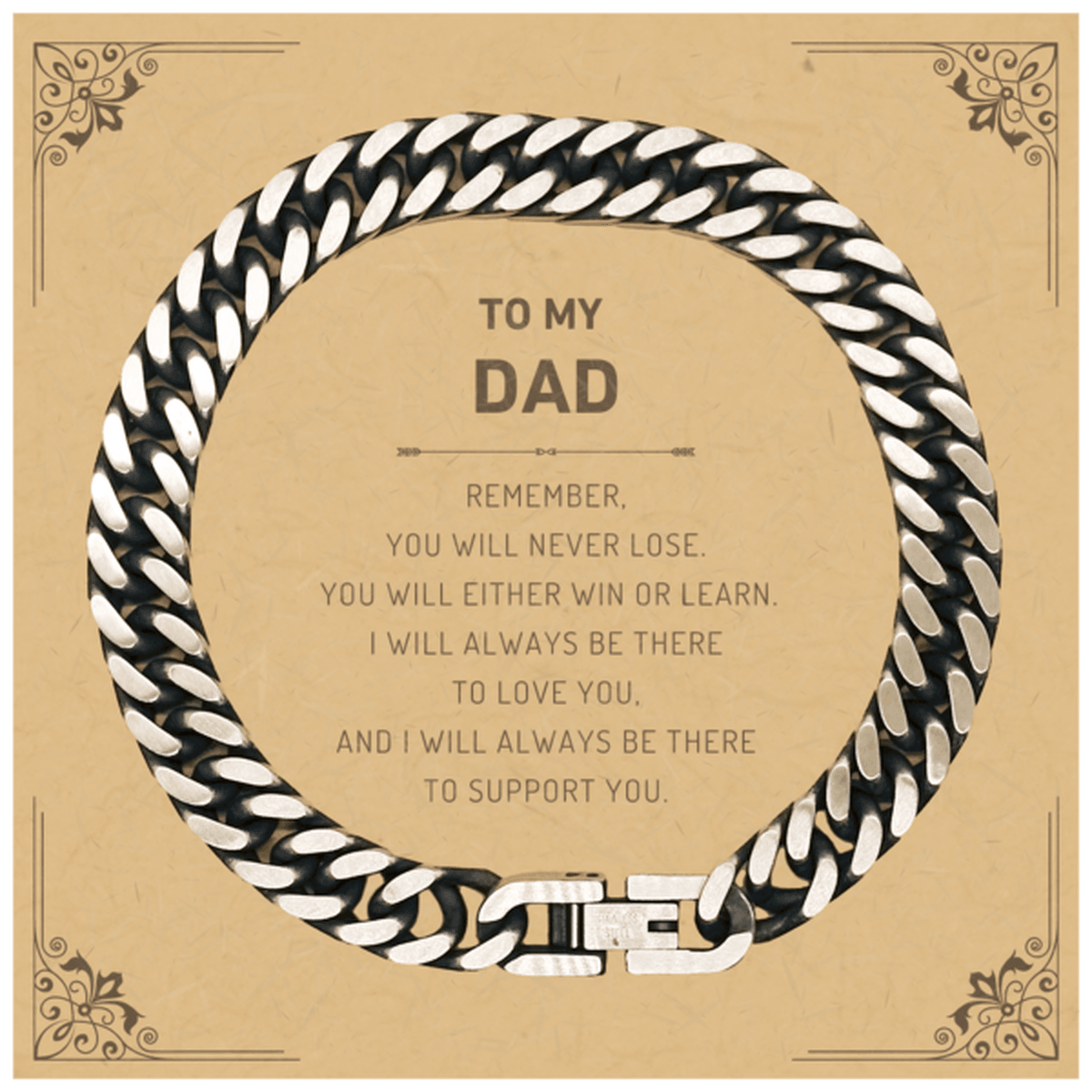 Dad Gifts, To My Dad Remember, you will never lose. You will either WIN or LEARN, Keepsake Cuban Link Chain Bracelet For Dad Card, Birthday Christmas Gifts Ideas For Dad X-mas Gifts
