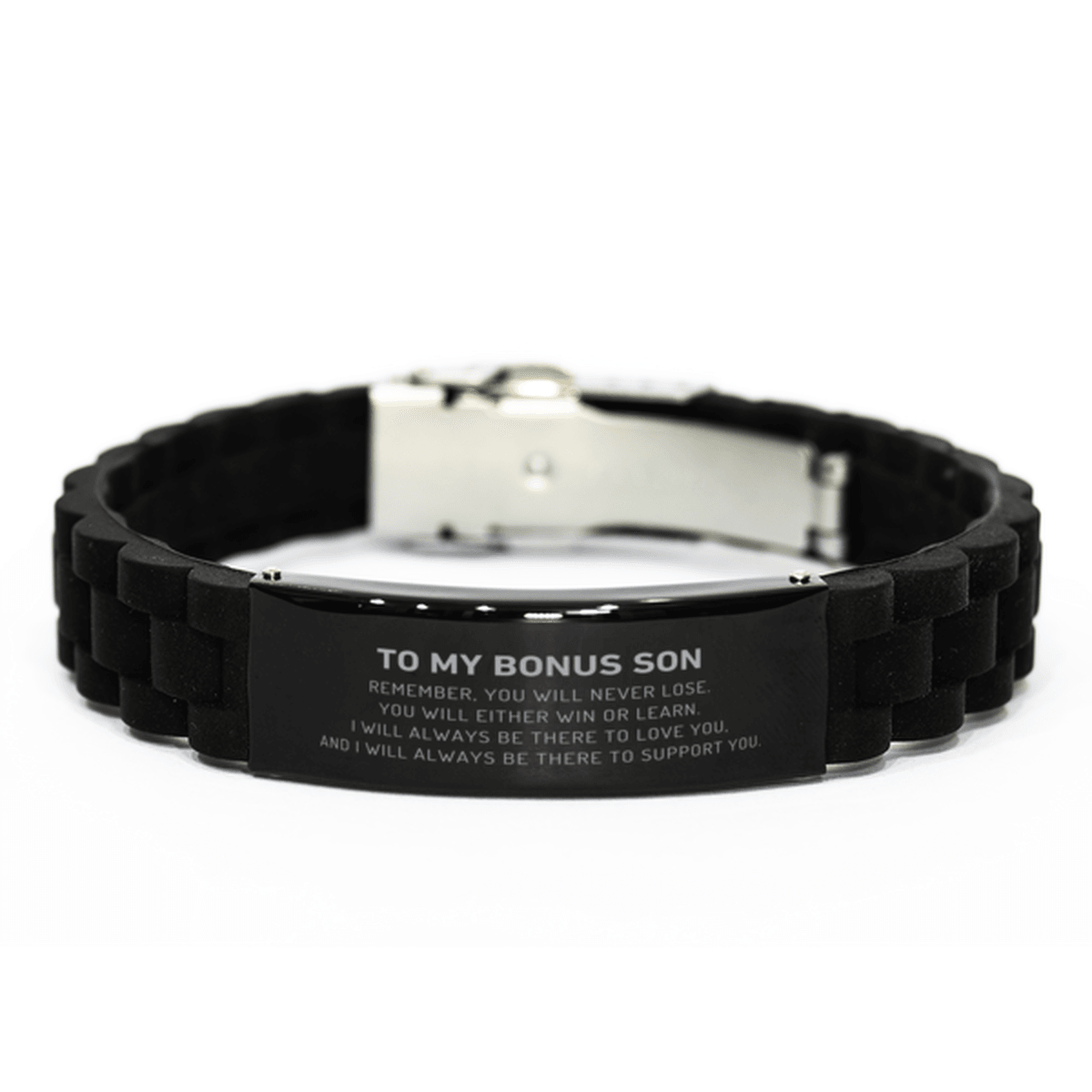 Bonus Son Gifts, To My Bonus Son Remember, you will never lose. You will either WIN or LEARN, Keepsake Black Glidelock Clasp Bracelet For Bonus Son Engraved, Birthday Christmas Gifts Ideas For Bonus Son X-mas Gifts - Mallard Moon Gift Shop