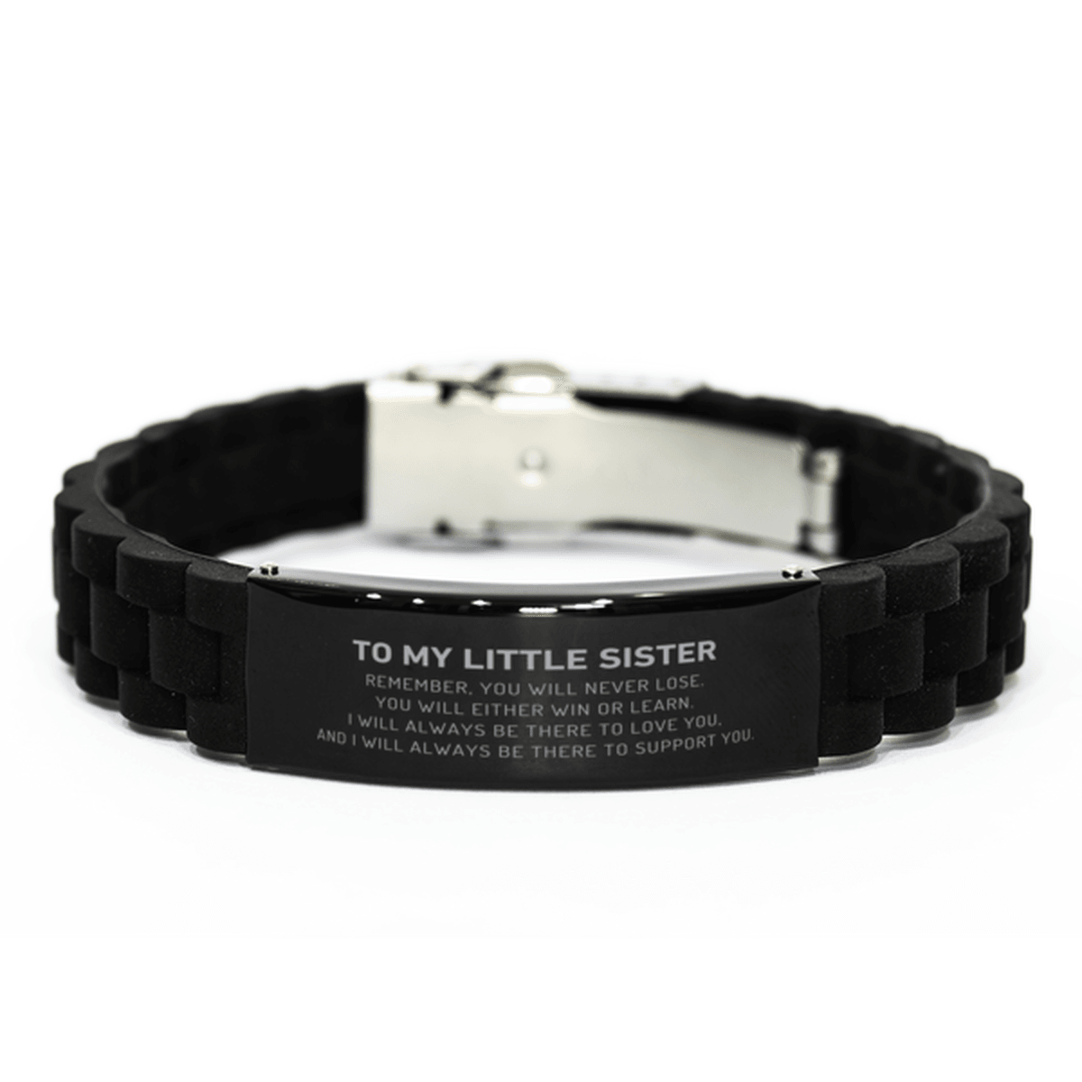 Little Sister Gifts, To My Little Sister Remember, you will never lose. You will either WIN or LEARN, Keepsake Black Glidelock Clasp Bracelet For Little Sister Engraved, Birthday Christmas Gifts Ideas For Little Sister X-mas Gifts